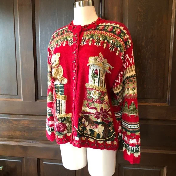 Vintage Tiara Petites Size PM Red Cardigan Sweater 2000 Teddy Bear Fair Isle - Picture 2 of 13